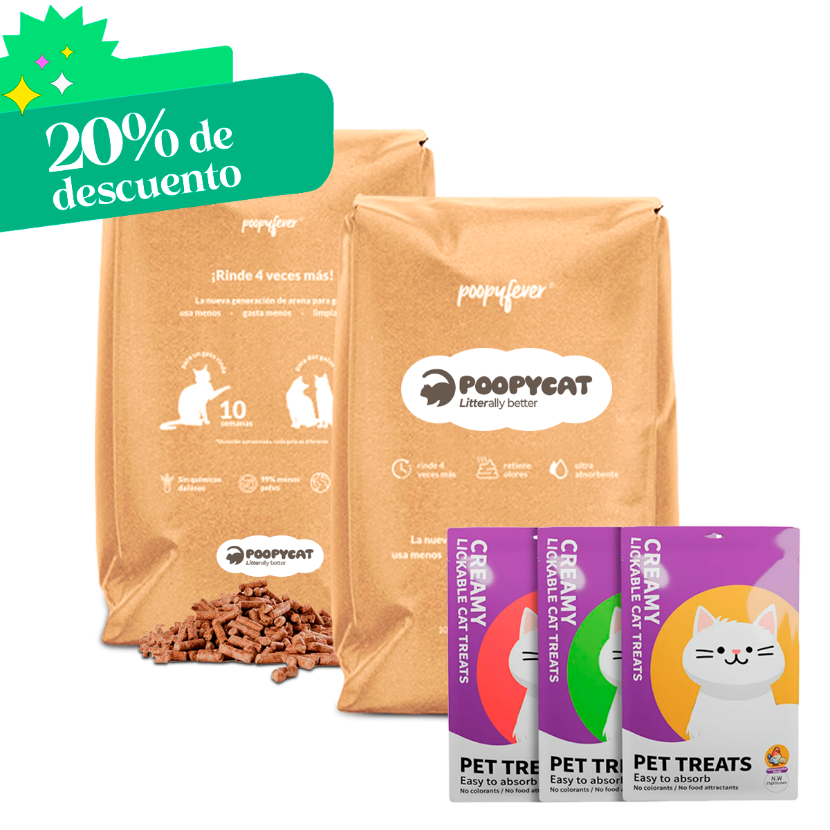 PoopyCat Arena para Gato Biodegradable 20k + Snacks